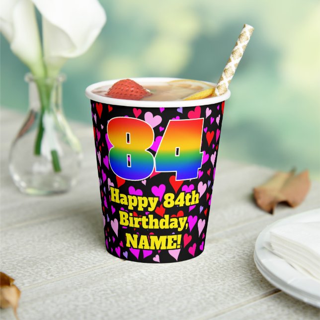 84th Birthday: Loving Hearts Pattern, Rainbow 84 Paper Cups (Insitu)