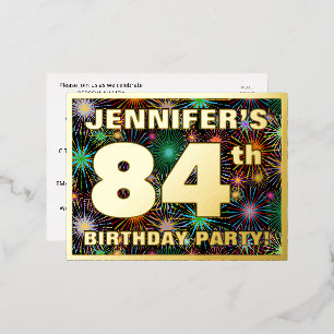 84th Birthday Party: Bold, Colorful Fireworks Look Foil Invitation Postcard