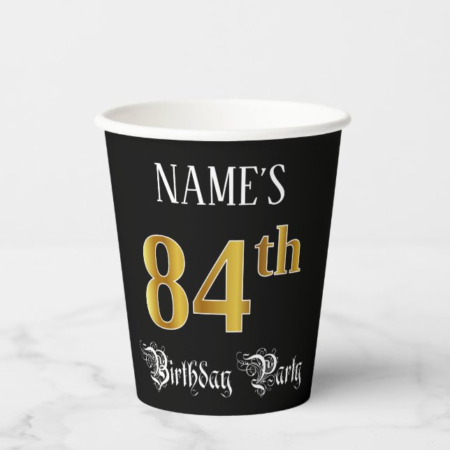 84th Birthday Party — Fancy Script, Faux Gold Look Paper Cups (Front)