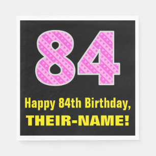84th Birthday: Pink Stripes and Hearts "84" + Name Napkin