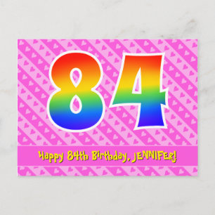 84th Birthday: Pink Stripes & Hearts, Rainbow 84 Postcard