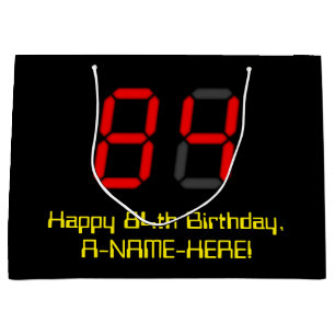 84th Birthday: Red Digital Clock Style "84" + Name Large Gift Bag