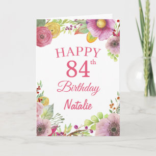 84th Birthday Watercolor Floral Flowers Pink Card