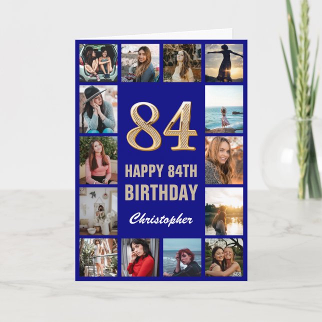 84th Happy Birthday Navy Blue & Gold Photo Collage Card (Front)