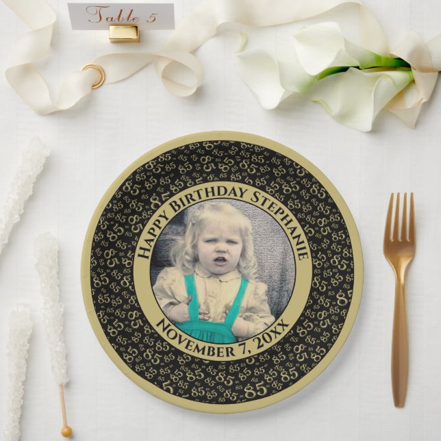85 Your Photo Random Number Pattern Black/Gold Paper Plate (Wedding)