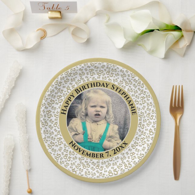 85 Your Photo Random Number Pattern Gold/White Paper Plate (Wedding)