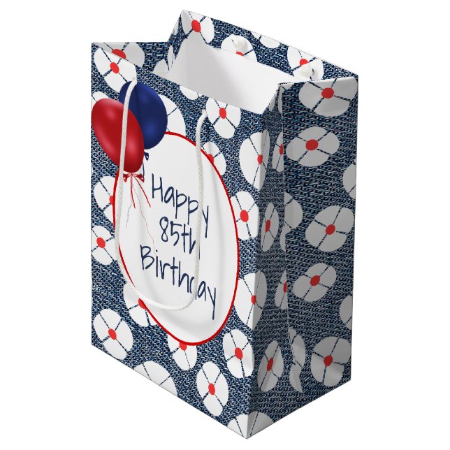 85th Birthday Balloons on Floral Denim  Medium Gift Bag (Front Angled)