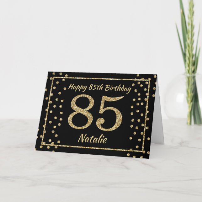 85th Birthday Black and Gold Glitter Confetti Card (Front)