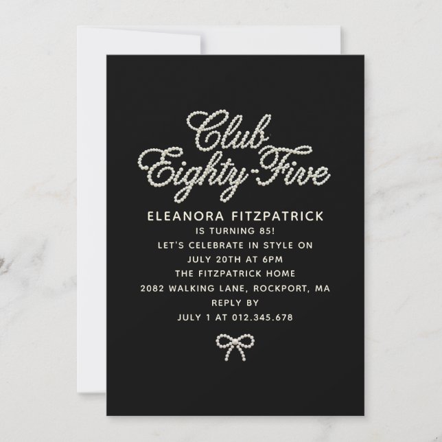 85th Birthday Black White Pearl Script Bow Invitation (Front)