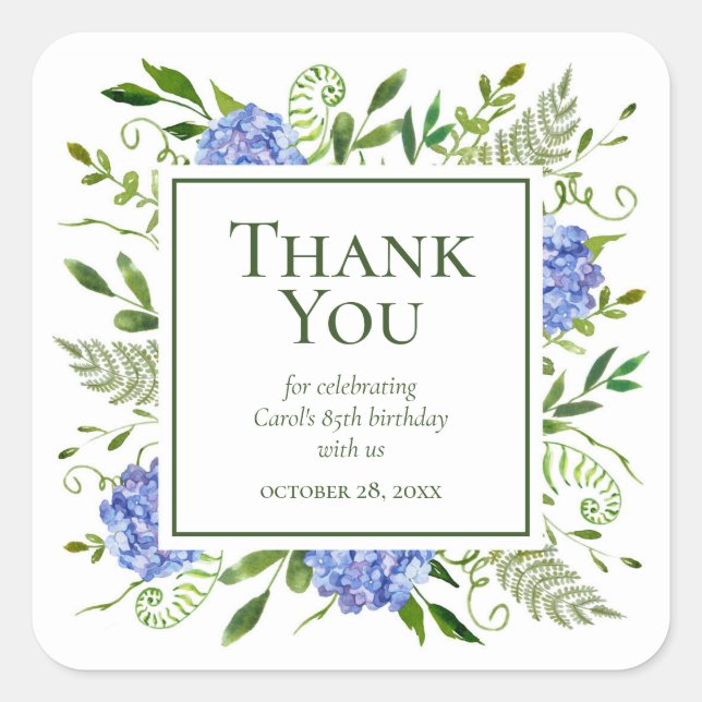 85th Birthday Blue Hydrangeas Thank You Square Sticker (Front)