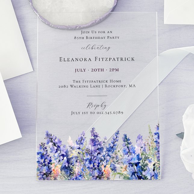 85th Birthday Blue Larkspur July Birth Flower Acrylic Invitations (Creator Uploaded)