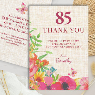 85th Birthday Bold Floral Linen Appreciation Thank You Card