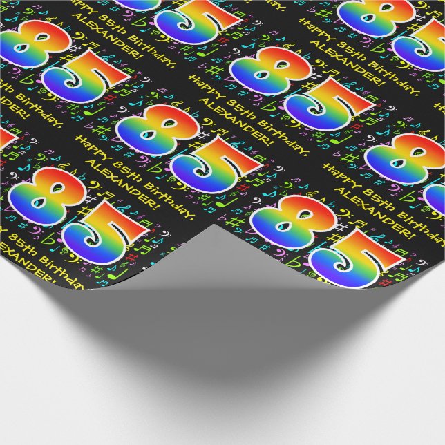 85th Birthday: Colourful Music Symbols, Rainbow 85 Wrapping Paper (Corner)