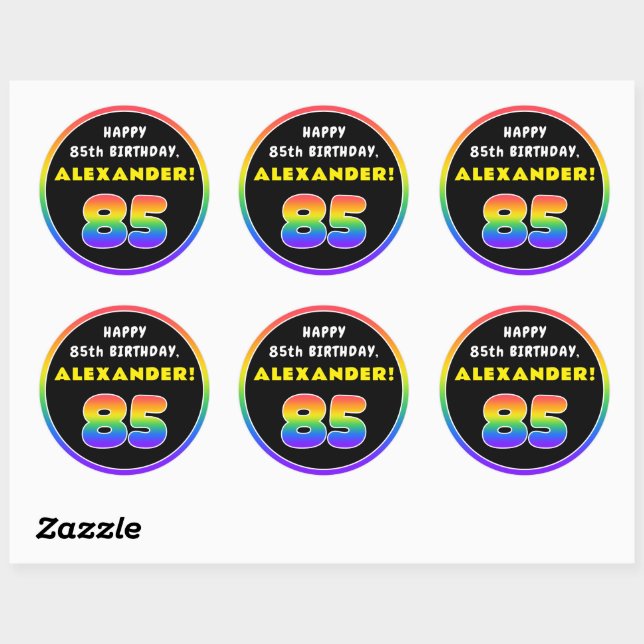 85th Birthday: Colourful Rainbow # 85, Custom Name Classic Round Sticker (Sheet)