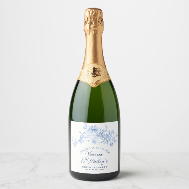 85th Birthday Dusty Blue Rose Floral Sparkling Wine Label (Front)