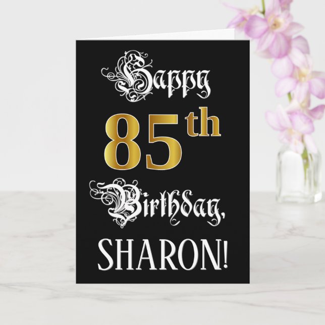 85th Birthday — Fancy Script; Faux Gold Look; Name Card (Orchid)