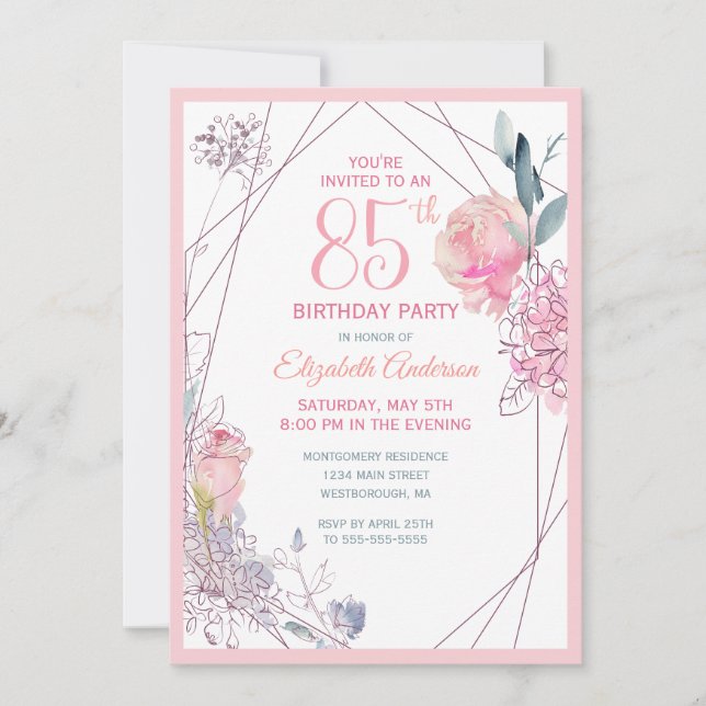 85th Birthday Floral Blush Rose Watercolor Party Invitation (Front)