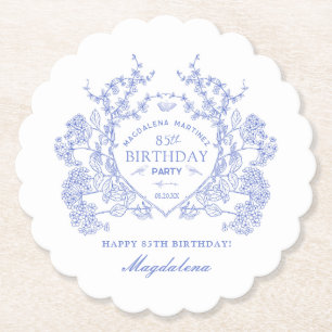 85th Birthday French Blue Floral Crest Custom Paper Coaster
