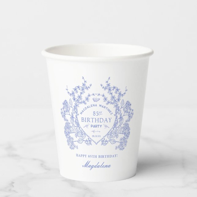 85th Birthday French Blue Floral Crest Custom Paper Cups (Front)