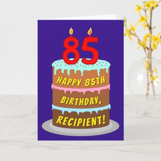 85th Birthday: Fun Cake and Candles + Custom Name Card (Yellow Flower)