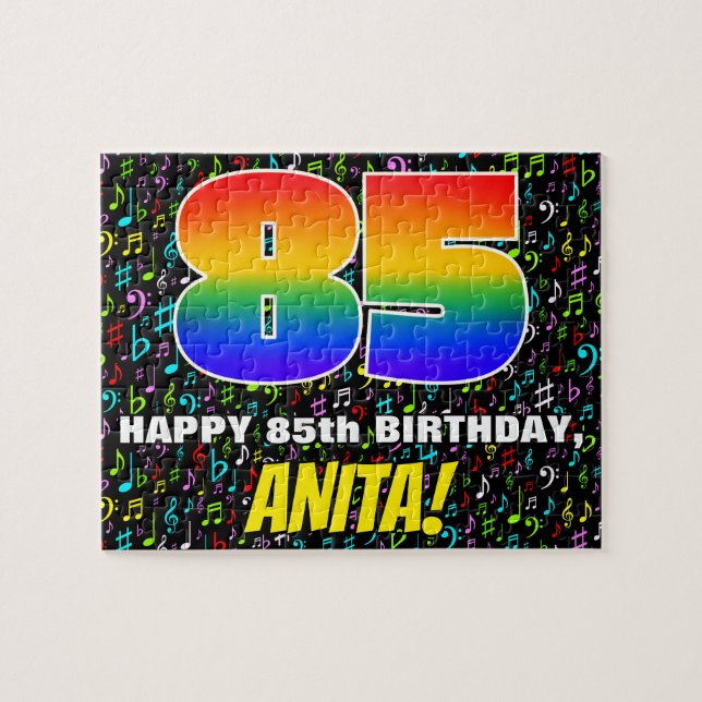 85th Birthday — Fun, Colourful Music Symbols & “85 Jigsaw Puzzle (Horizontal)