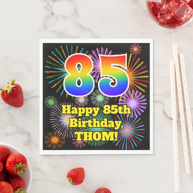 85th Birthday: Fun Fireworks Pattern + Rainbow 85 Napkin (Insitu)
