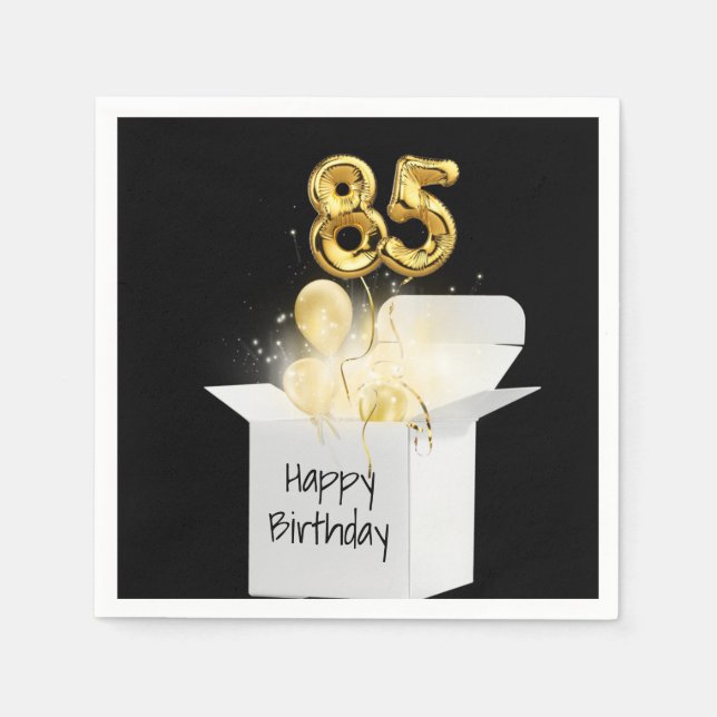85th Birthday Gold Balloons In White Box Napkin (Front)