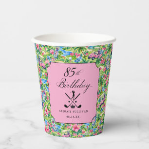 85th Birthday Golf Pink Green Preppy Print Paper Cups