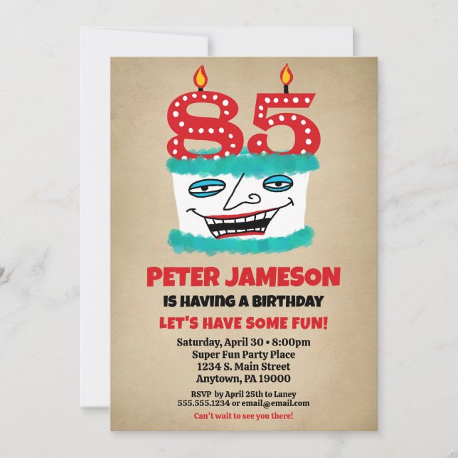 85th Birthday Invitation Funny Cake Casual Mens (Front)