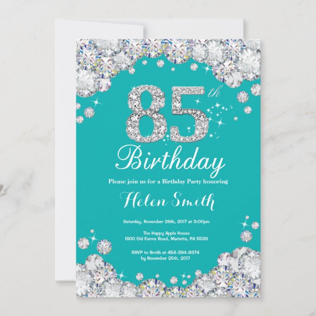 85th Birthday Invitation Teal and Silver Diamond (Front)