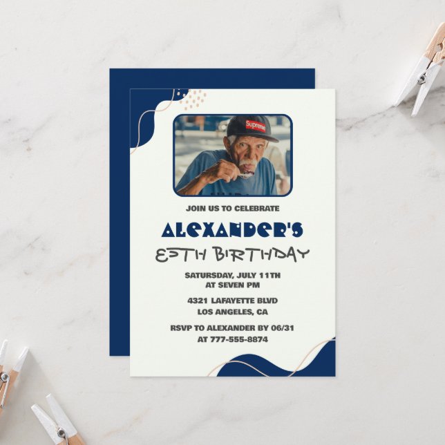85th birthday invitations Men Navy Simple Photo (Front/Back In Situ)