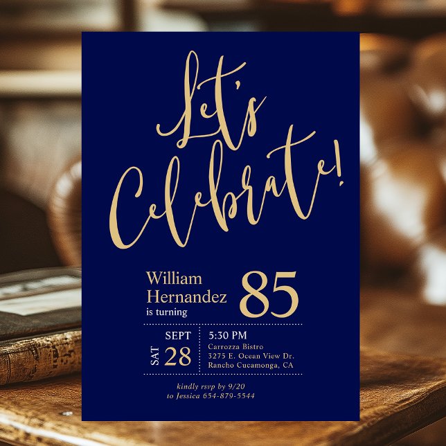 85th Birthday Let's Celebrate Navy Blue Gold Invitation (Creator Uploaded)