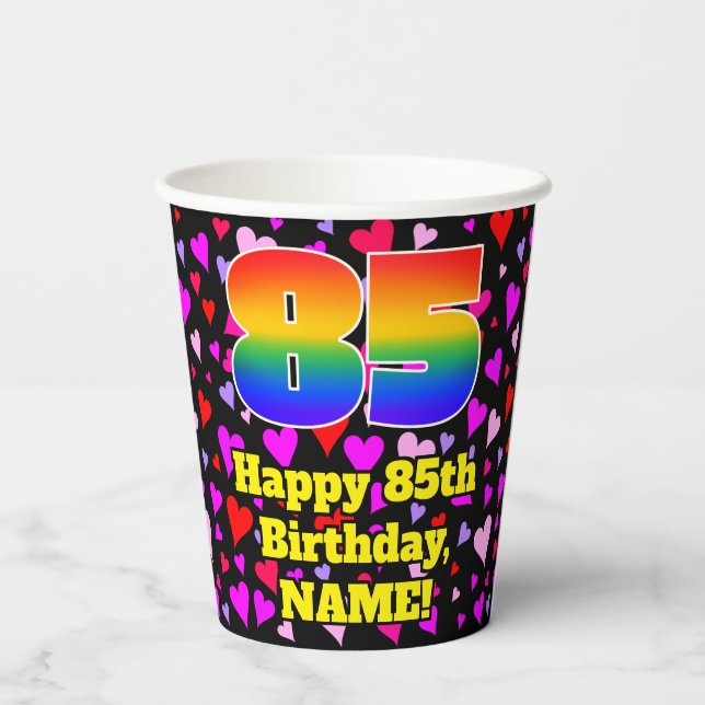 85th Birthday: Loving Hearts Pattern, Rainbow 85 Paper Cups (Back)