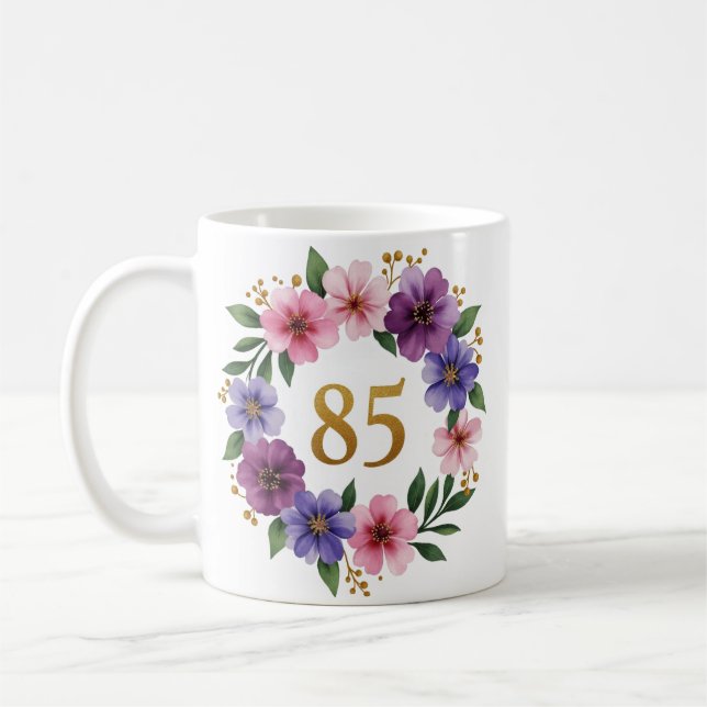 85th Birthday Mug – Floral Wreath with Gold Number (Left)