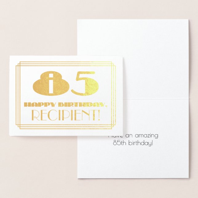 85th Birthday; Name + Art Deco Inspired Look "85" Foil Card (Display)
