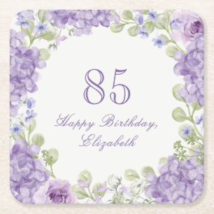 85th Birthday Paper Coaster Elegant Purple Floral