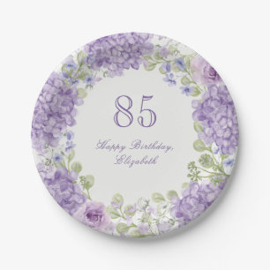 85th Birthday Paper Plates Elegant Purple Floral