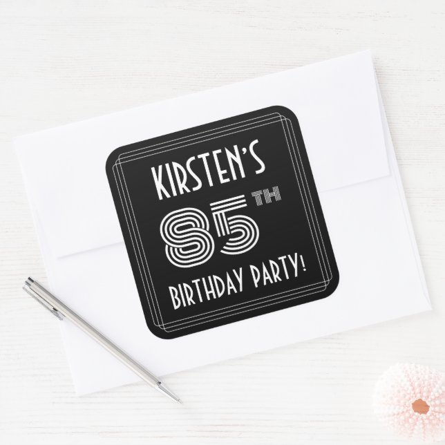 85th Birthday Party: Art Deco Style & Custom Name Square Sticker (Envelope)