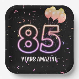 85th Birthday Party Balloons and Confetti Paper Plate