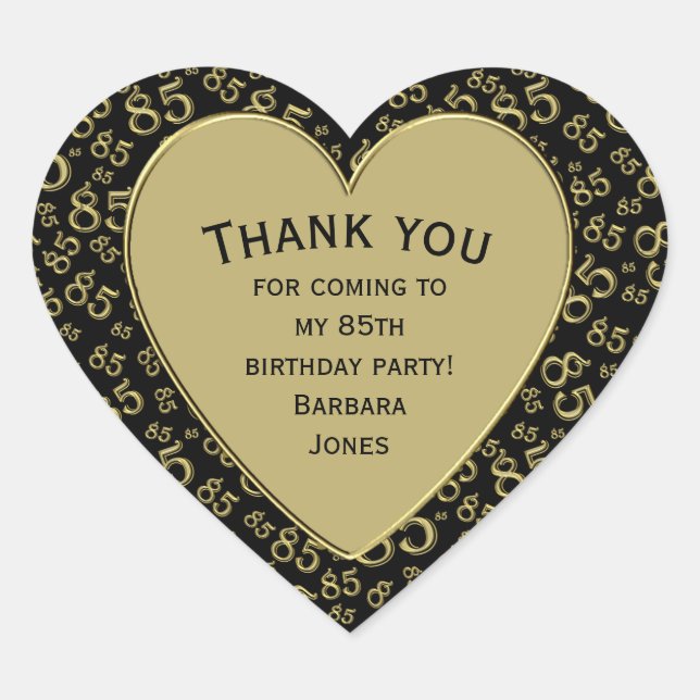 85th Birthday Party Black and Gold Pattern Heart Sticker (Front)