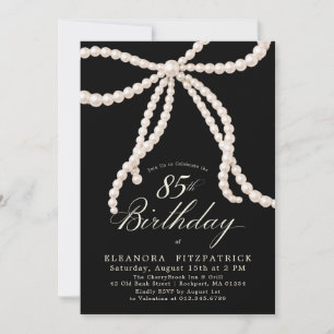 85th Birthday Party Black White Coquette Pearl Bow Invitation