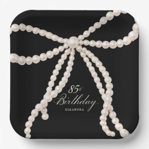 85th Birthday Party Black White Pearl Bow Elegant Paper Plate
