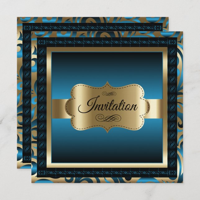 85th Birthday Party | Blue Metallic & Gold Invitation (Front/Back)