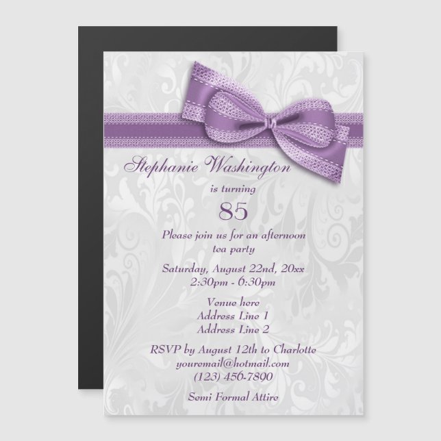 85th Birthday Party Damask and Faux Bow Magnetic Invitation (Front/Back)