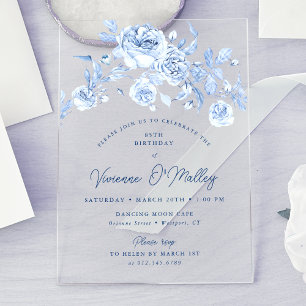 85th Birthday Party Dusty Blue Floral Acrylic Invitations