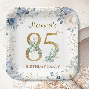 85th Birthday Party Dusty Blue Peony Gold Paper Plate