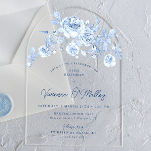 85th Birthday Party Dusty Blue Rose Floral Arch Acrylic Invitations