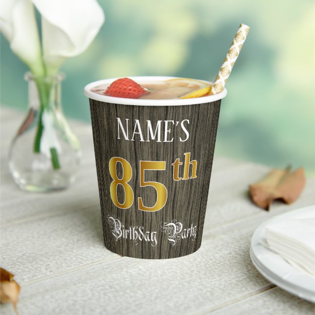 85th Birthday Party — Faux Gold & Faux Wood Looks Paper Cups (Insitu)