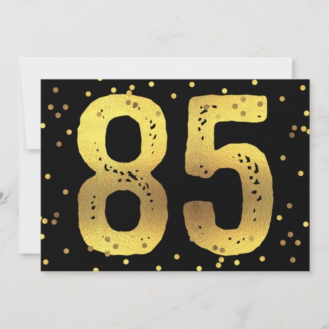 85th Birthday Party Faux Gold Foil Confetti Black Invitation (Front)