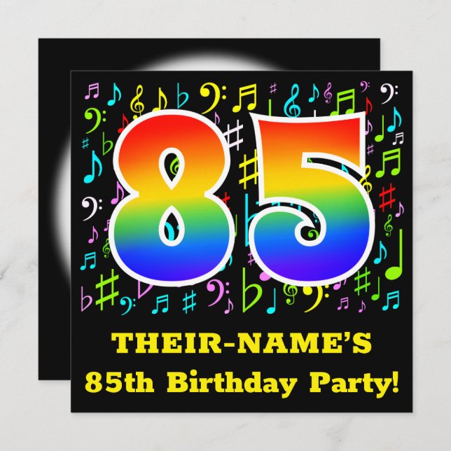 85th Birthday Party: Fun Music Symbols, Rainbow 85 Invitation (Front/Back)